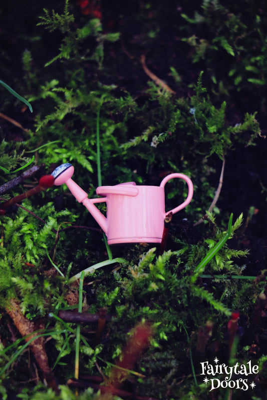 Pink fairy garden watering can